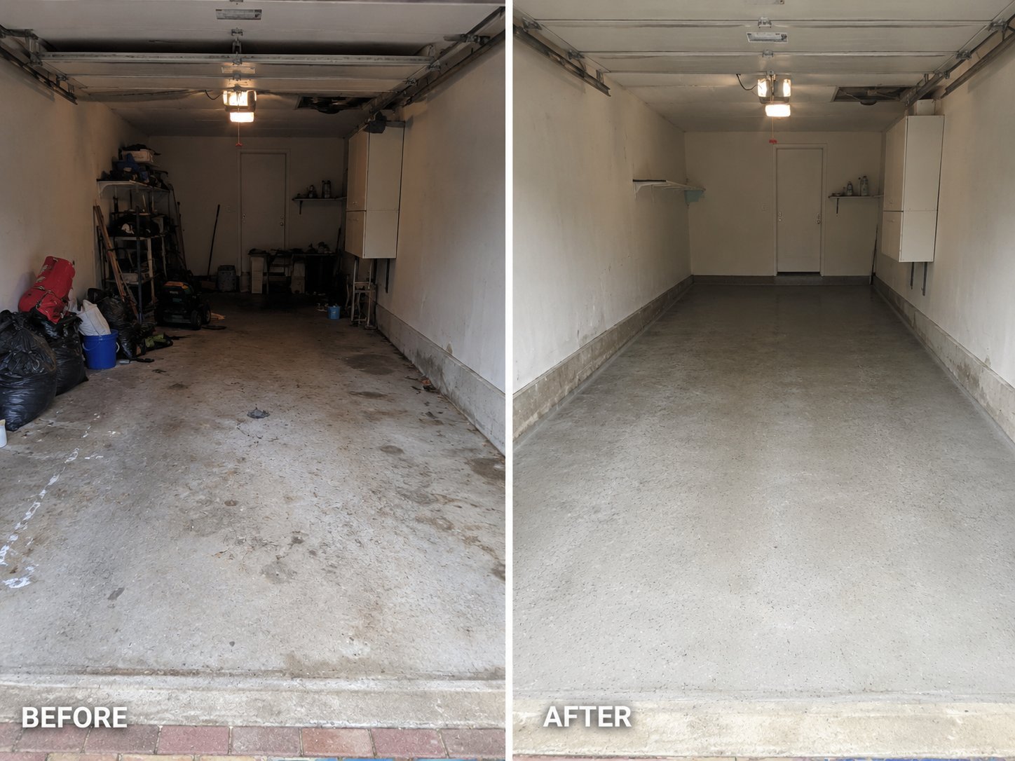 Garage shown before and after a full cleanout